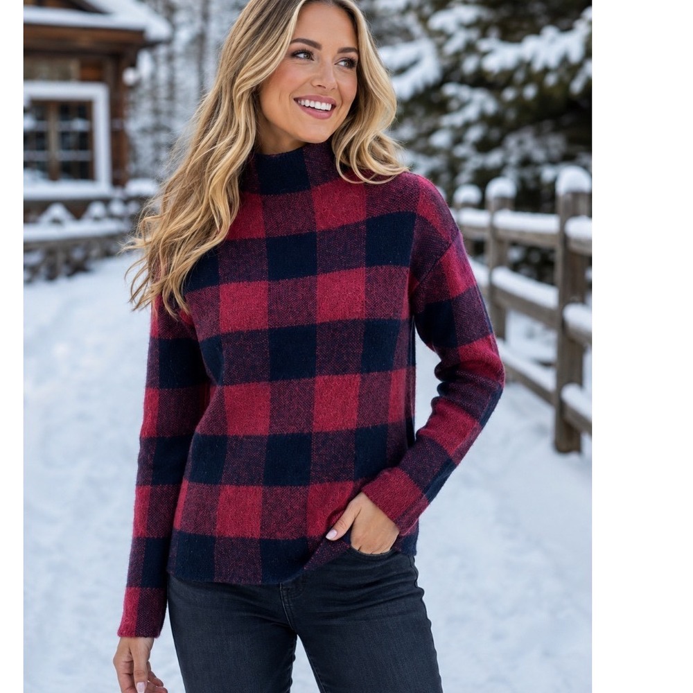 Christian Siriano Sweater Plaid Red Black Sz M Knit High Neck